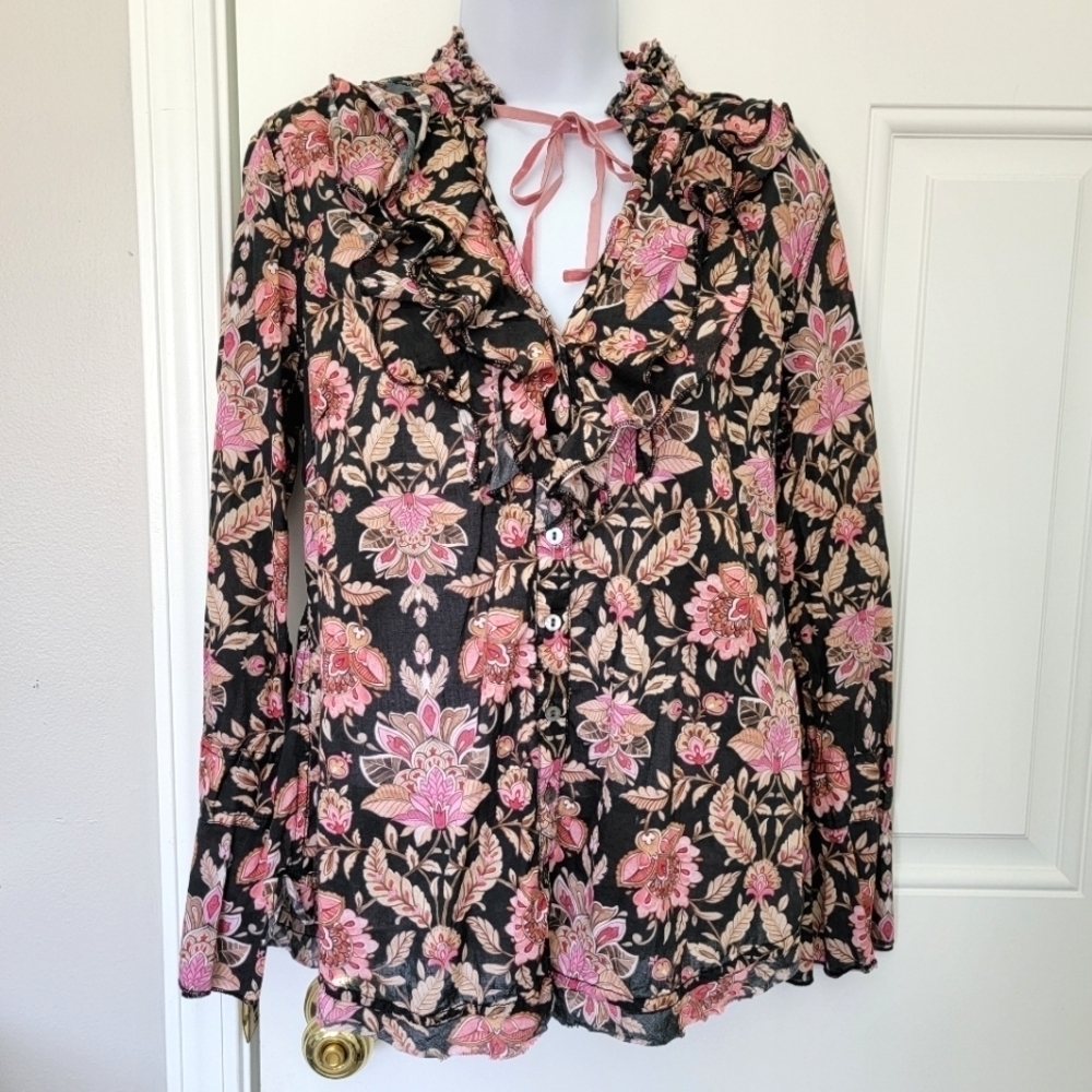 Cuno 100% Cotton Women's Button Up Blouse Black Pink Floral Flutter Sleeve M